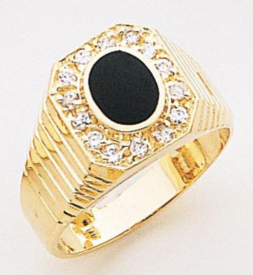 14K Gold 13Mm Oval Black Onyx Accented With Cubic Zirconia Ring