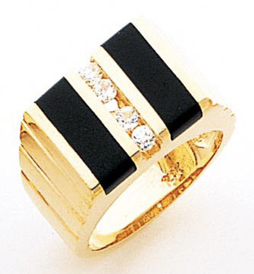 14K Gold 11Mm Black Onyx Accented With 4 Cubic Zirconia Ring