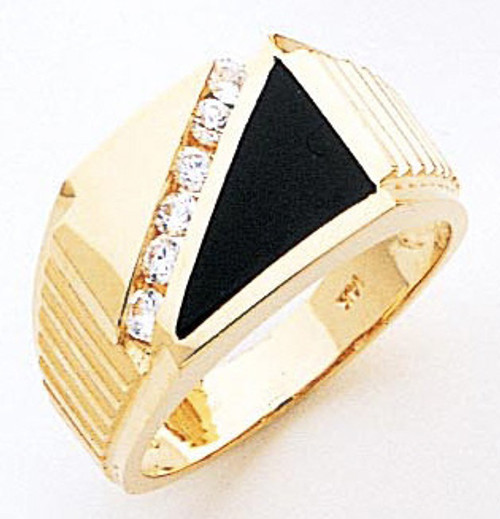 14K Gold 12Mm Triangle Black Onyx Accented With 4 Cubic Zirconia Ring