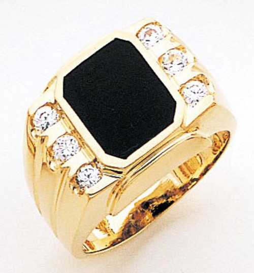 14K Gold 14Mm Black Onyx Accented With 6 Cubic Zirconia Ring