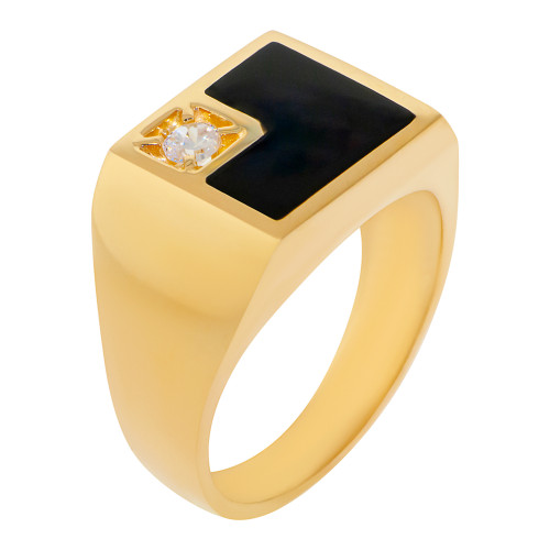 14K Gold 13Mm Black Onyx Accented With One Cubic Zirconia Ring