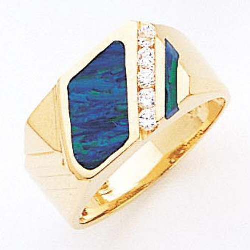 14k Yellow Gold  11mm Wide by 17mm  Mens Opal and Cubic Zirconia Ring