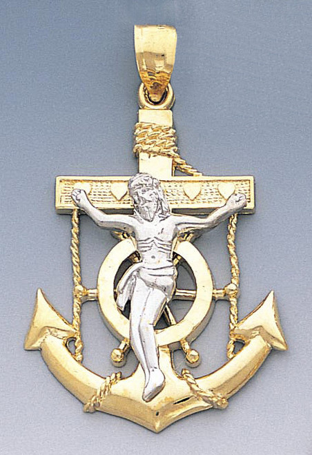 14k Gold Two-tone Mariner's Anchor Cross With Christ Pendant 31mm