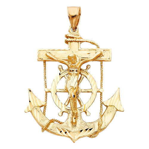 14k Gold Diamond Cut Jesus Cross And Anchor Pendant 48