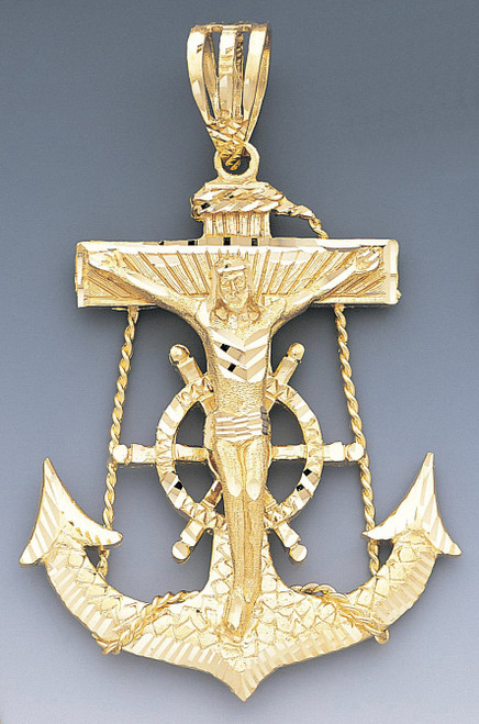 14k Gold Diamond Cut Jesus Cross And Anchor Pendant 65