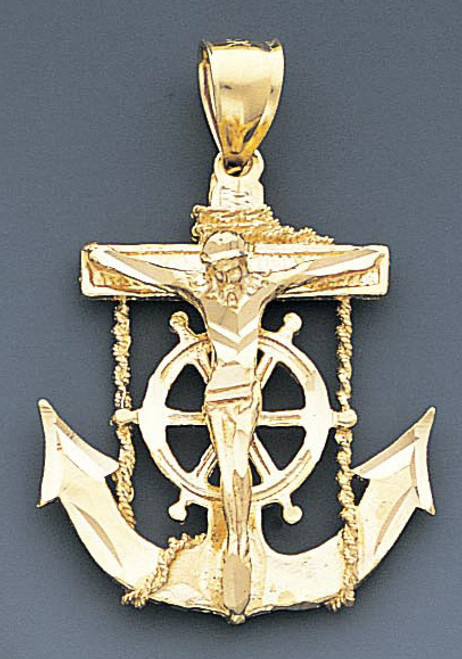 14k Gold Diamond Cut Jesus Cross And Anchor Pendant 28