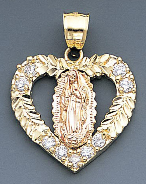 14k Gold Cz Virgin Mary Heart Pendant 24mm W X 32mm H