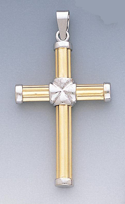 14k Gold Two-tone Fancy Hollow Cross Pendant 29mm W X