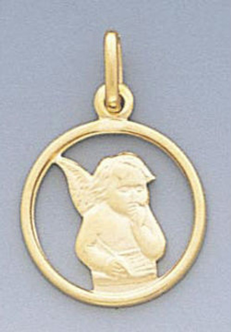 14k Gold Italian Round Angel Pendant 14.5mm