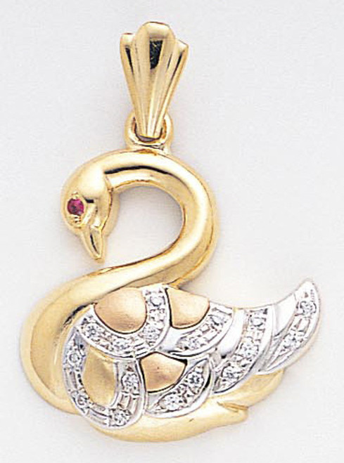 14k Gold Tri-color Fancy Swan Pendant 25mm W X 36mm H