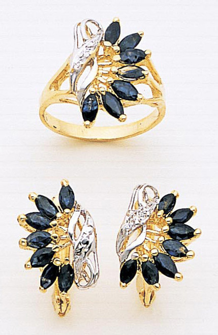 14k Gold  13mm by 21mm  Diamond & Genuine Sapphire Ring and Earring Set