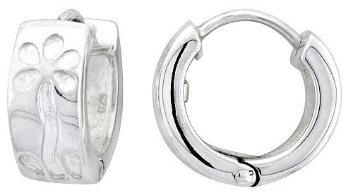 Sterling Silver Huggie Earrings Floral Polished Finish  5/8 inch (15mm) Wide