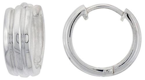 Sterling Silver Huggie Earrings with 2 Light Grooves Polished Finish, 15/16 inch (24mm)