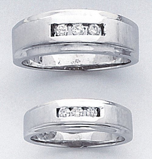 14k White Gold Two 8mm Matching Mens's And lady's Wedding Bands With 3 Diamonds