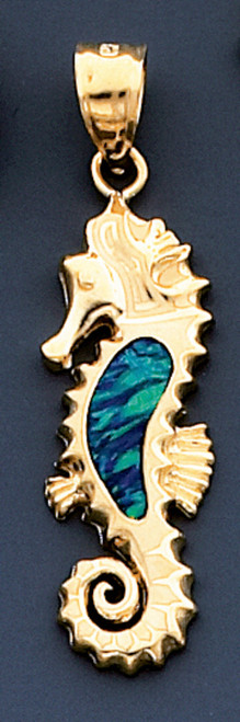 14k Gold Seahorse Pendant With Inlaid Opal