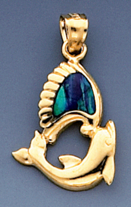 14k Yellow Gold Dolphin And Shell Pendant With Inlaid Opal