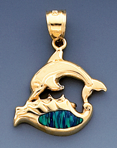 14k Gold Dolphin And Shell Pendant With Inlaid Opal