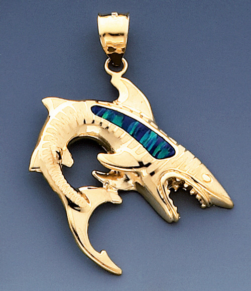 14k Gold 45mm Shark Pendant With Inlaid Opal