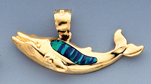 14k Gold 17.7mm Whale Pendant With Inlaid Opal