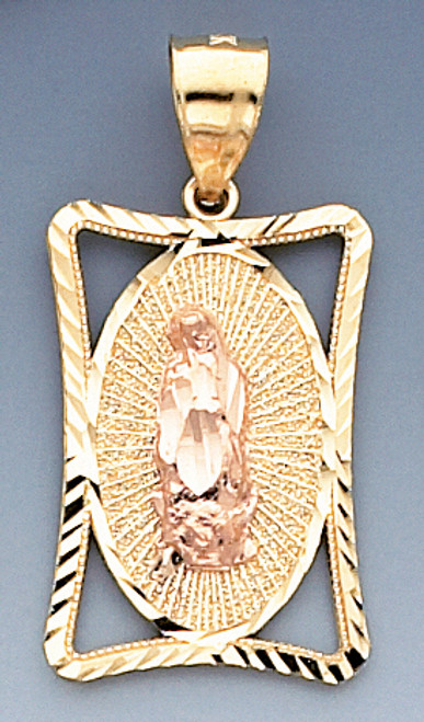 14k Tri Color Gold 35.5mm Diamond Cut Square Our Lady Of Guadalupe Pendant