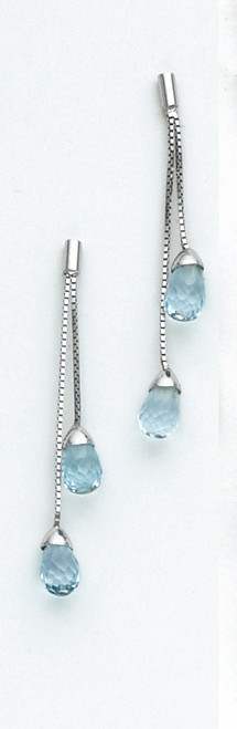 14k White 1.5 Inches Two Strand Drop Gold Genuine Blue Topaz Stone Earring