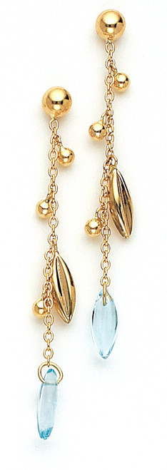 14k Yellow Gold 2 Inches Drop Genuine Blue Topaz Stone Earring