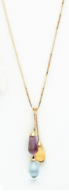 14k Yellow Gold Multi Strand Drop Genuine Blue Topaz, Yellow Topaz And Necklaces