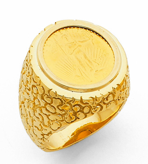 14k Gold Mens 22.7mm Coin Ring With A 22k 1/10 Oz American Eagle
