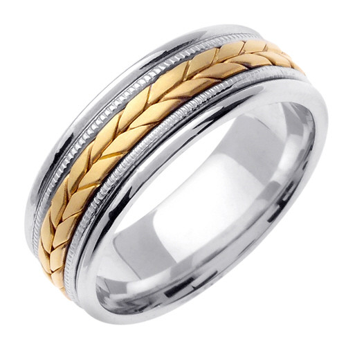14K  Yellow Gold 8mm Wide Two Tone Gold Handmade Wedding Band