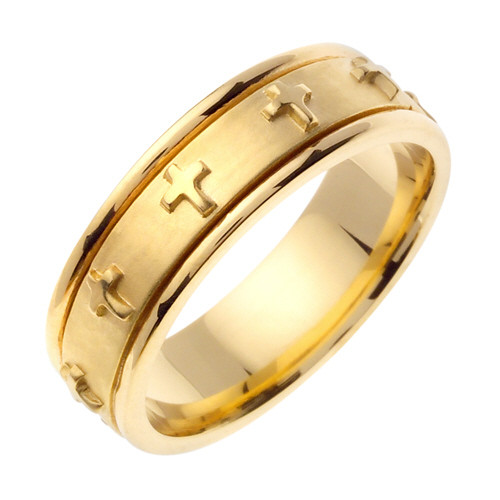 14k Gold 7mm  Handmade Wedding Band With Crosses