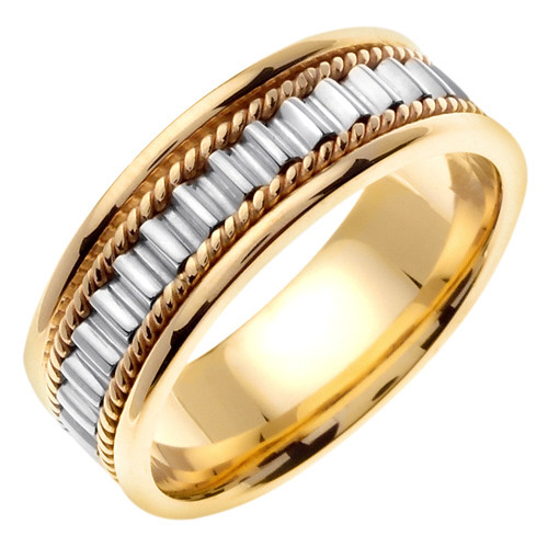 14K White Gold On Yellow gold 7mm Wide Ribbed Pattern Handmade Wedding Band