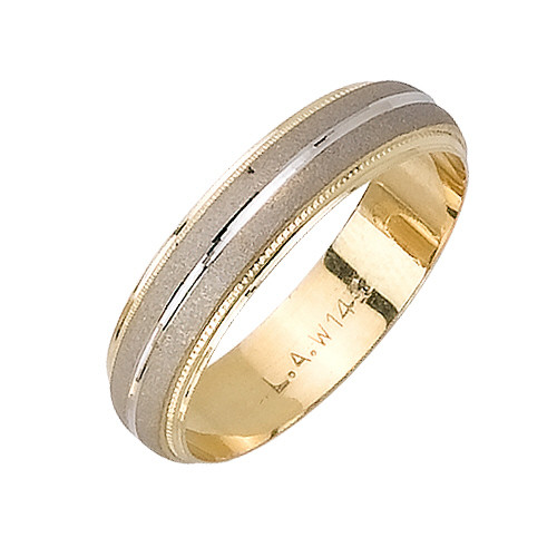 14K  5mm Wide Yellow Gold With White Gold Brushed Finished Handmade Wedding Band