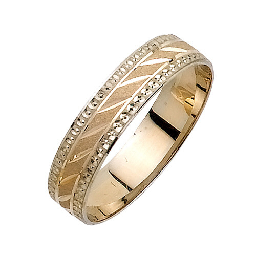 14K  5mm Wide Yellow Gold With White Gold Handmade Bead Pattern Wedding Band