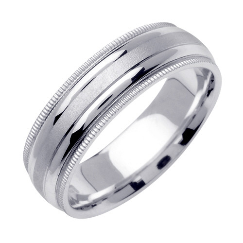 14K White Gold 6.5mm Wide 2 Rows Of Milgrain With A Polished And Brushed Finished Center Wedding Band