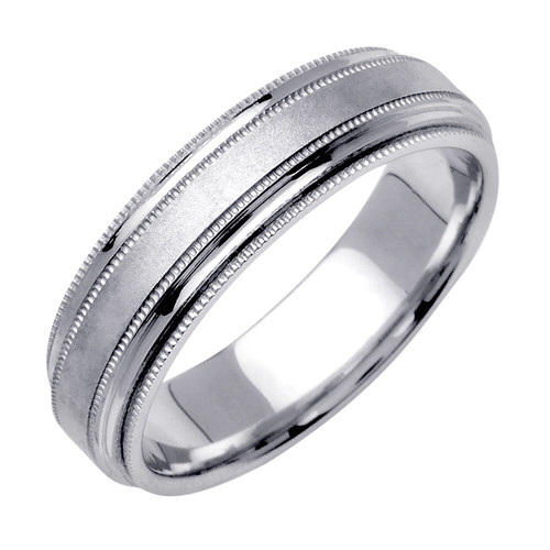 14K White Gold 6.5mm Wide 4 Rows Of Milgrain With One Brushed Finish Center Wedding Band