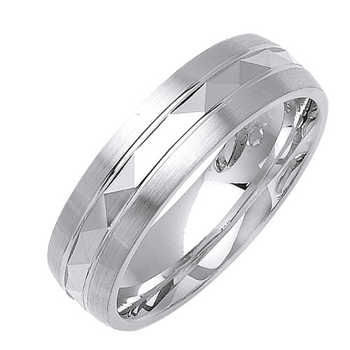 14K White Gold 6mm Wide Brushed Edge With Faceted Center Wedding Band