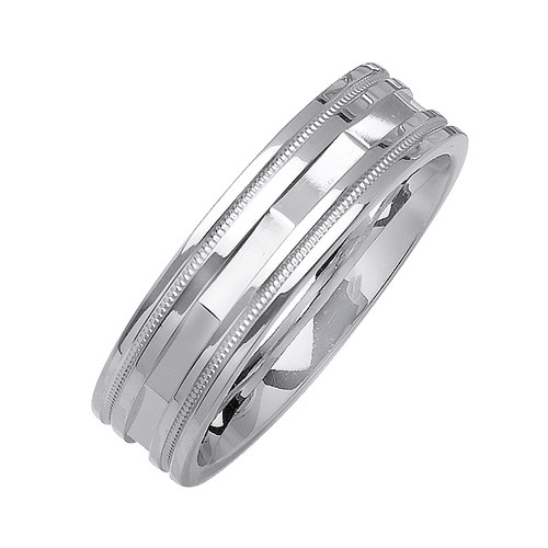 14K White Gold 6mm Wide Faceted Milgrain Wedding Band | Sarraf.com