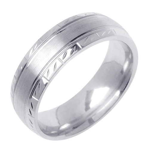 14K White Gold 6mm Wide Polished Edge With Mate Center  Wedding Band