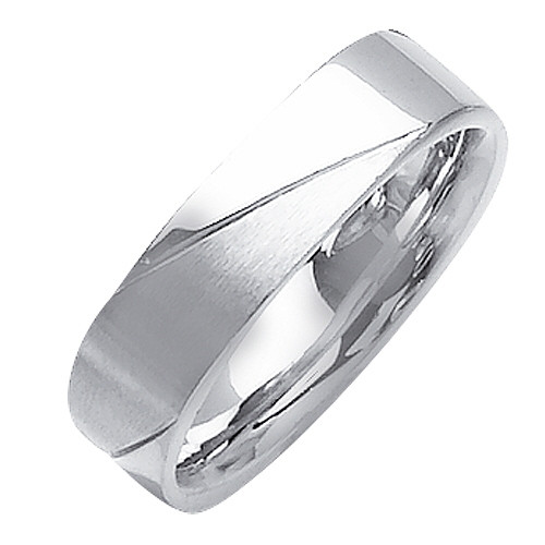 14K White Gold 6mm Wide Polished And Matte Finish Diagonal Cut Pattern Wedding Band