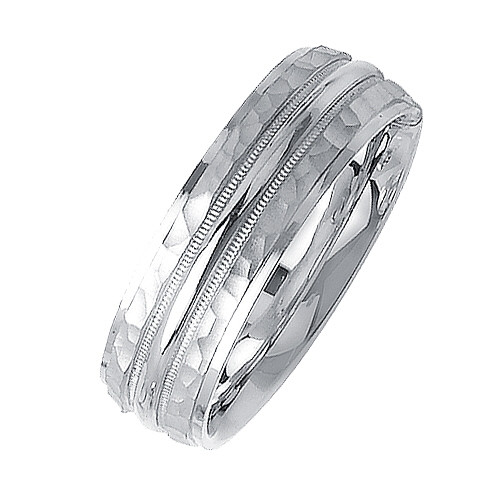 14K White Gold 7mm Wide Matte Hammered With Milgrain Pattern Wedding Band