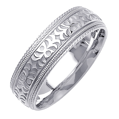 14K White Gold 7mm Wide Leaf Pattern With A Rope Pattern Edge Wedding Band