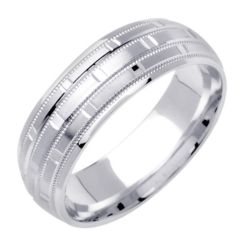 14K White Gold 7mm Wide Brick Pattern With Polished Center Wedding Band