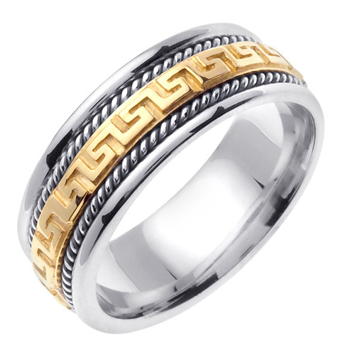 18k Two Tone Gold 8mm Greek Key Design Wedding Band