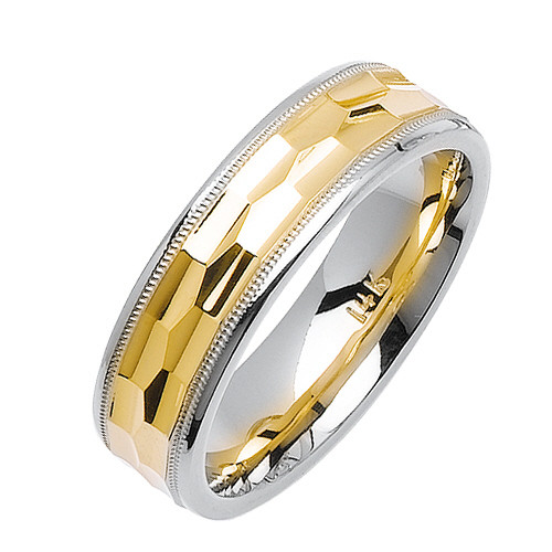 18K Yellow Gold With White Gold 6mm Faceted Pattern Handmade Wedding Band