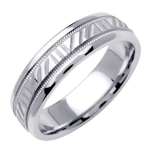 18k White Gold 6.5mm Wide 2 Rows Of Milgrain With A Diagonal Line Pattern Center Wedding Band