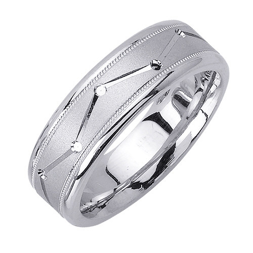 18k White Gold 6.5mm Wide Modern Brushed Finished With Zigzag Pattern Wedding Band