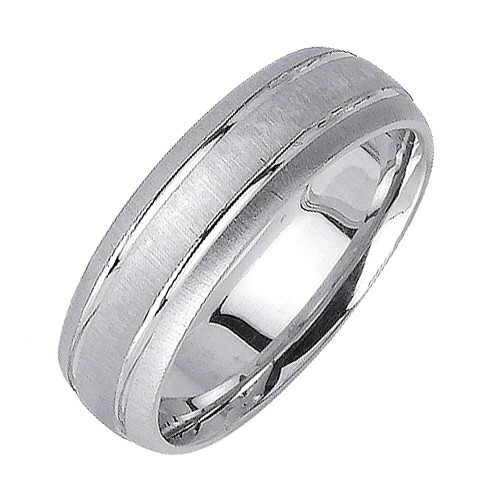 18k White Gold 6.5mm Wide Brushed Finish With 2 Polished Rows Wedding Band
