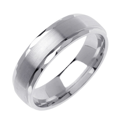 18K White Gold 6mm Wide Polished Faceted Edge With Matte Center Wedding Band