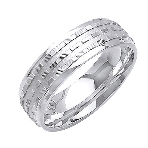 18K White Gold 7mm Wide Matte Finished Checker Pattern  Wedding Band