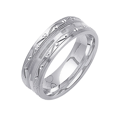 18K White Gold 7mm Wide Circle Faceted Pattern With 2 Rows Of Milgrain Wedding Band